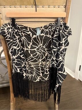 ANTONIO MELANI Black and White Floral Swim Sarong with Fringe